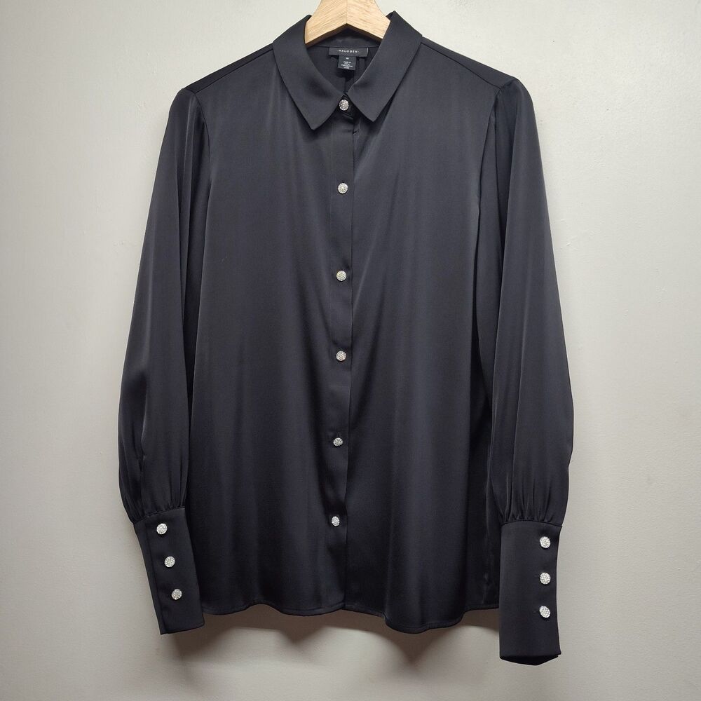 Halogen Blouse Top Women M Black Satin Long Sleeve Rhinestone Glam Grunge